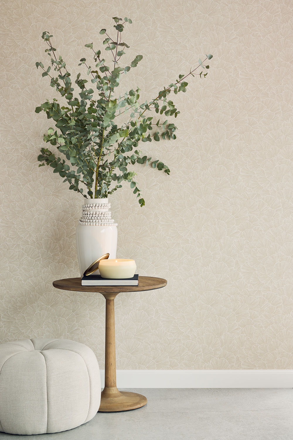 Vliesová tapeta na zeď, šedo-béžová, listy Gingka, 350521, Riviera Maison, Eijffinger