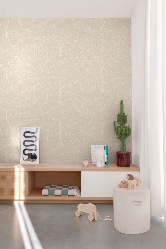 Vliesová tapeta na zeď, šedo-béžová, zvířátka v lese, LD3403, Little Dreamers, Grandeco