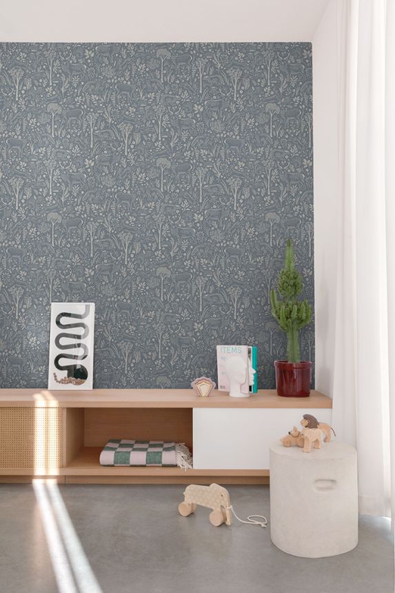 Vliesová tapeta na zeď, modrá, zvířátka v lese, LD3415, Little Dreamers, Grandeco