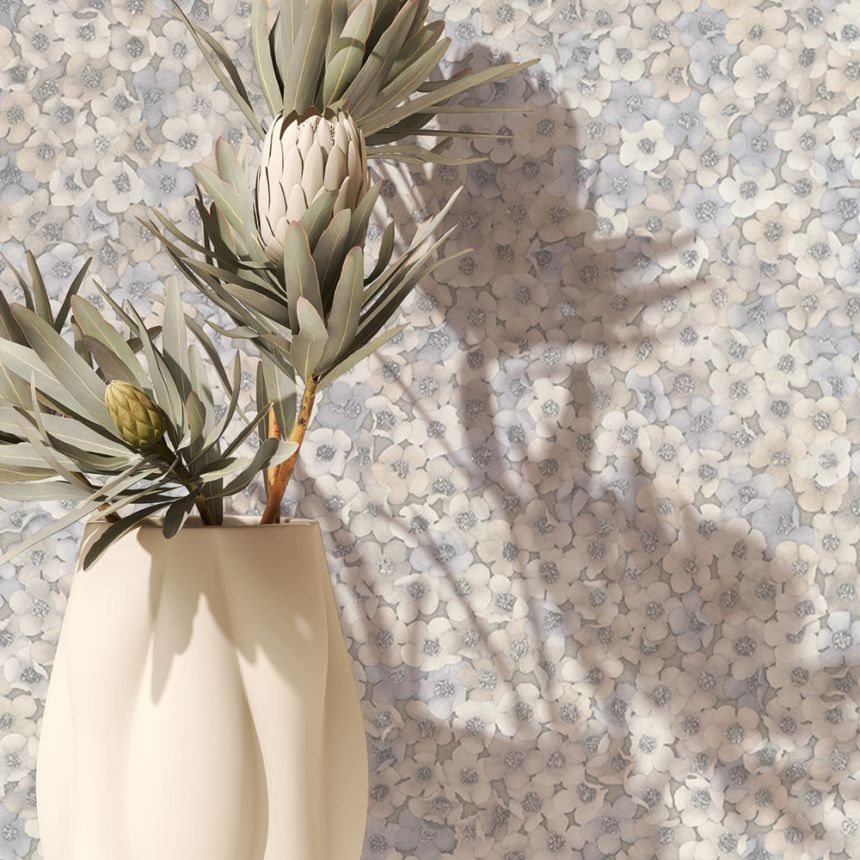 Vliesová tapeta na zeď, šedo-modrá, béžová, květiny, 35843, Papis Loveday Fashion Icon, Marburg