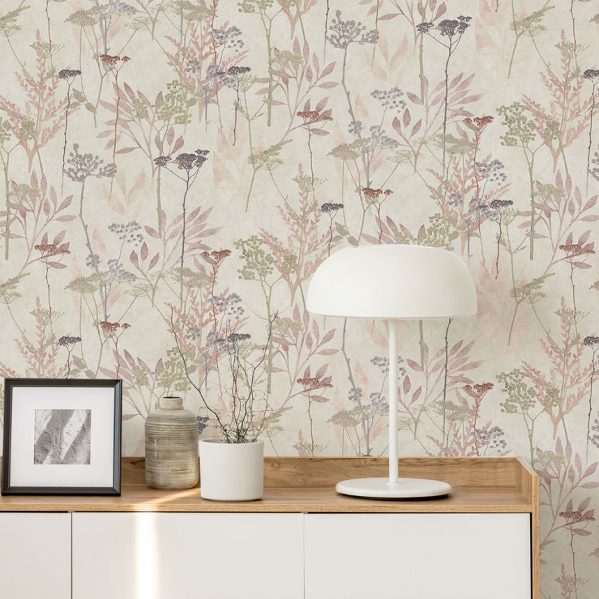 Vliesová tapeta na zeď, bílo-růžová, trávy, listy, 125061, Vavex 2027