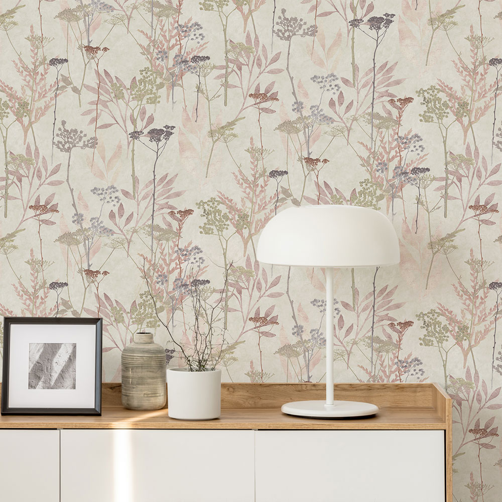 Vliesová tapeta na zeď, bílo-růžová, trávy, listy, 125061, Vavex 2027