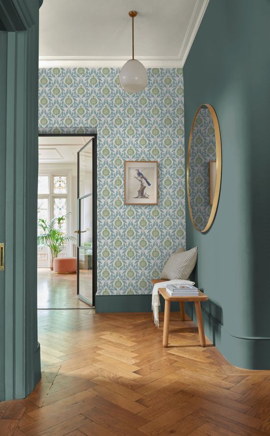 Vliesová tapeta na zeď, modro-zelená, listy, granátová jablka, 130285, Concerto, Graham Brown Premium