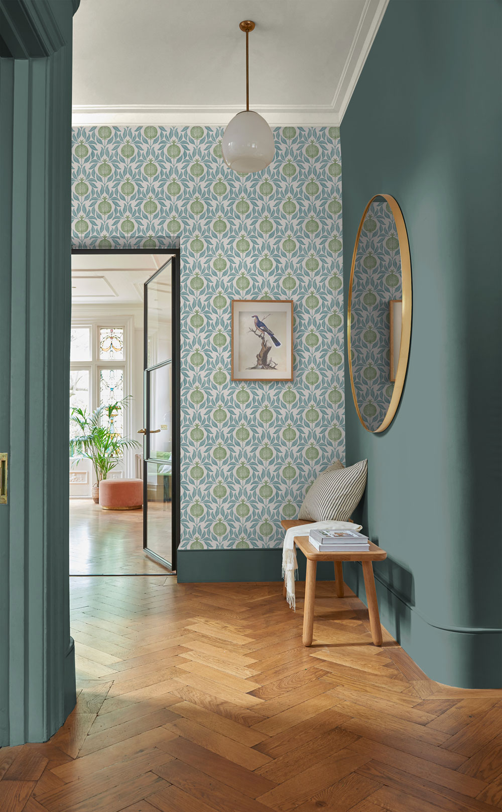 Vliesová tapeta na zeď, modro-zelená, listy, granátová jablka, 130285, Concerto, Graham Brown Premium