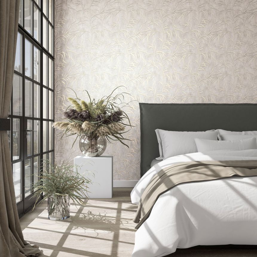 Vliesová tapeta na zeď, béžovo-zlatá, listy, 34284, City Glow, Marburg