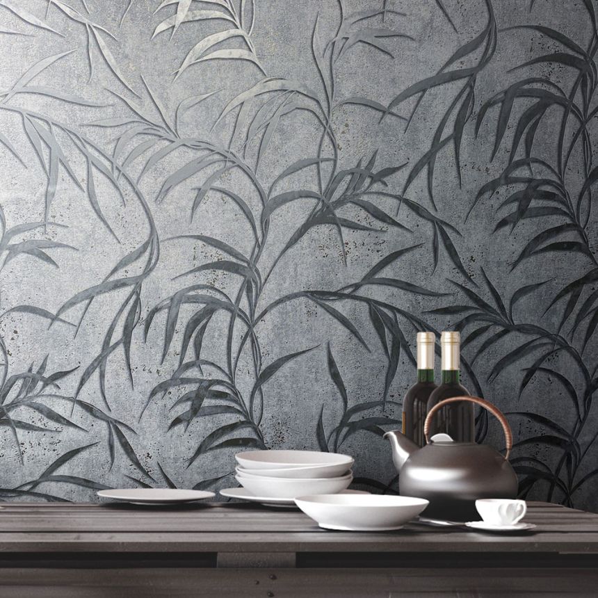 Vliesová tapeta na zeď, šedo-stříbrná, listy, 34287, City Glow, Marburg