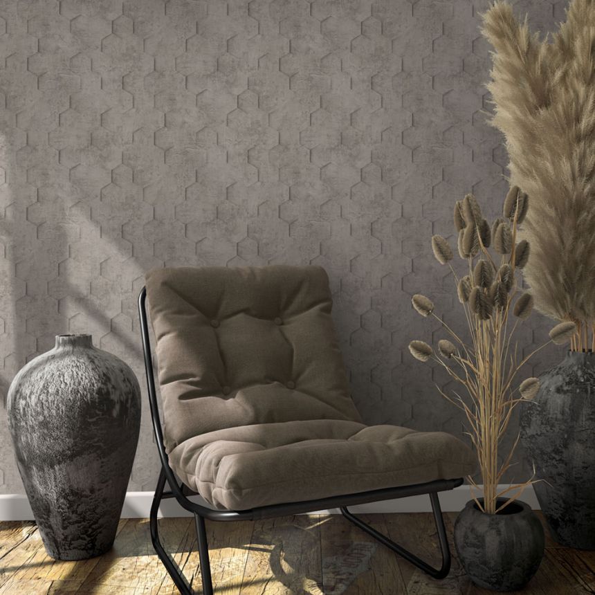 Geometrická vliesová tapeta na zeď, šedo-hnědá, hexagony, 34162, Loft Superior, Marburg