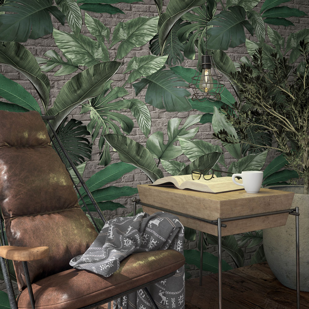 Vliesová obrazová tapeta na zeď, listy, cihly, 34196, Loft Superior, Marburg