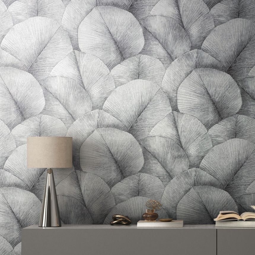 Vliesová tapeta na zeď, šedo-černá, listy, 34508, Kumano, Marburg