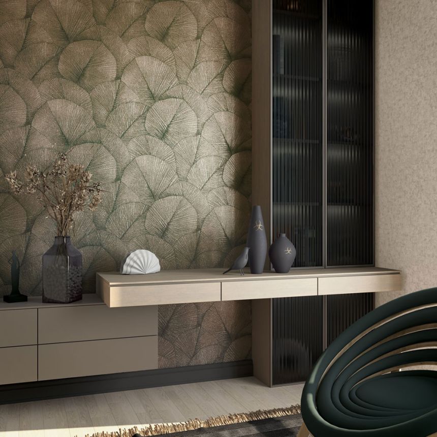 Vliesová tapeta na zeď, hnědo-zlatá, listy, 34513, Kumano, Marburg