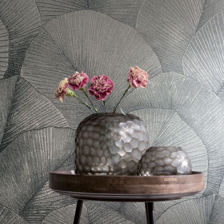 Vliesová tapeta na zeď, šedo-stříbrná, listy, 34514, Kumano, Marburg