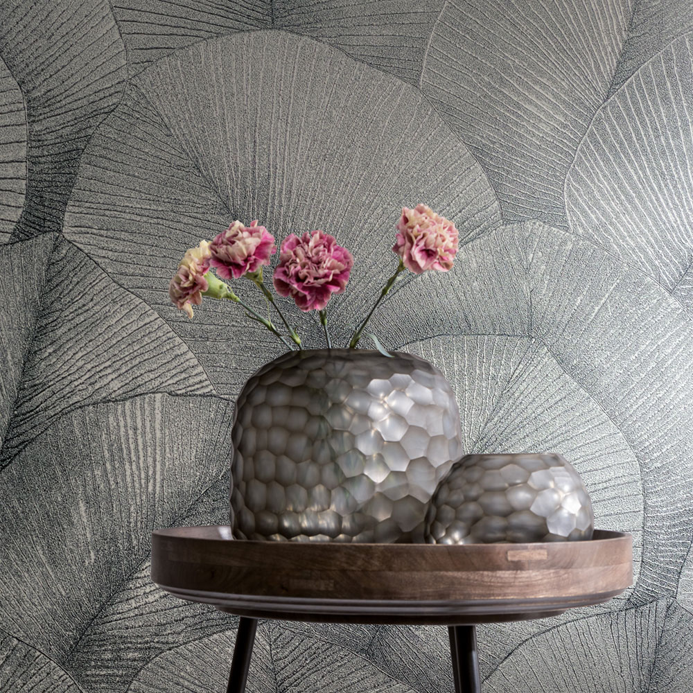 Vliesová tapeta na zeď, šedo-stříbrná, listy, 34514, Kumano, Marburg