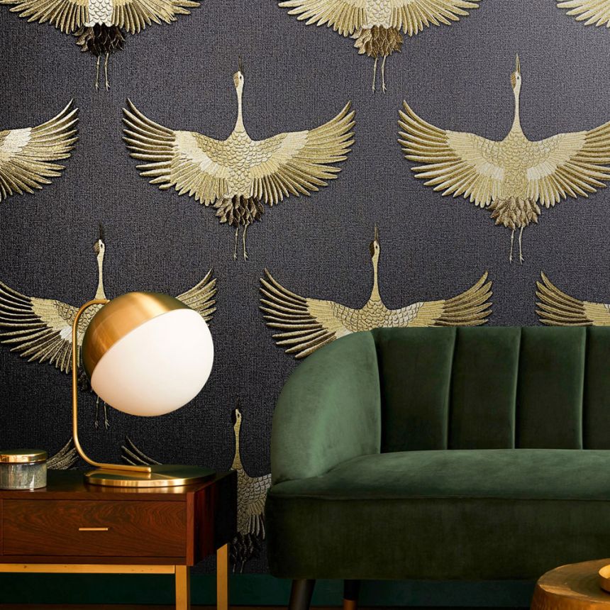 Vliesová tapeta na zeď, černo-zlatá, ptáci, 34532, Kumano, Marburg