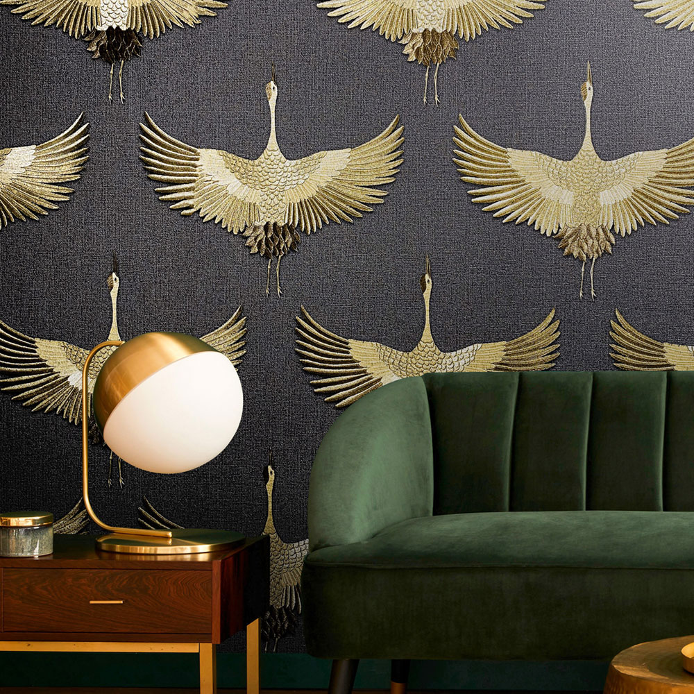 Vliesová tapeta na zeď, černo-zlatá, ptáci, 34532, Kumano, Marburg