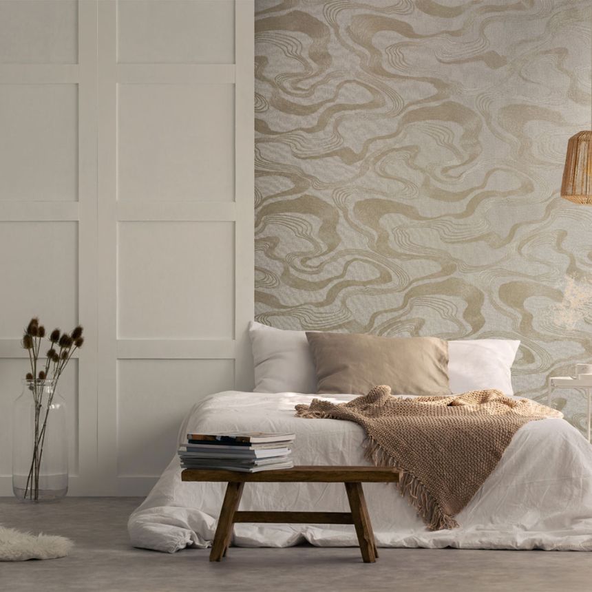 Vliesová tapeta na zeď, béžová, látková textura, vlnky, 34535, Kumano, Marburg