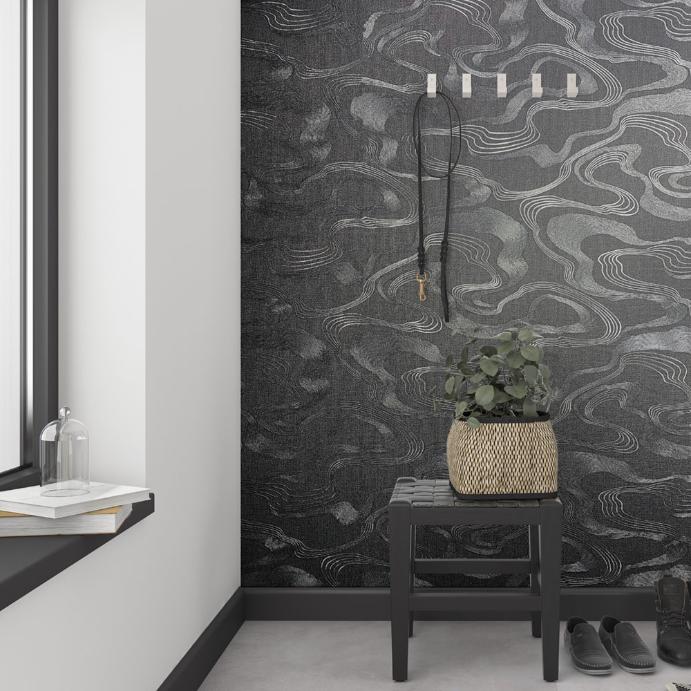 Vliesová tapeta na zeď, černo-stříbrná, látková textura, vlnky, 34537, Kumano, Marburg
