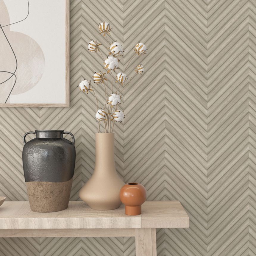 Vliesová tapeta na zeď, krémovo-šedá, imitace dřeva, dřevěného obkladu, 33373, Travertino, Marburg