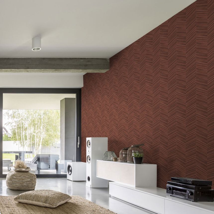 Vliesová tapeta na zeď, hnědo-červená, imitace dřeva, dřevěného obkladu, 33379, Travertino, Marburg