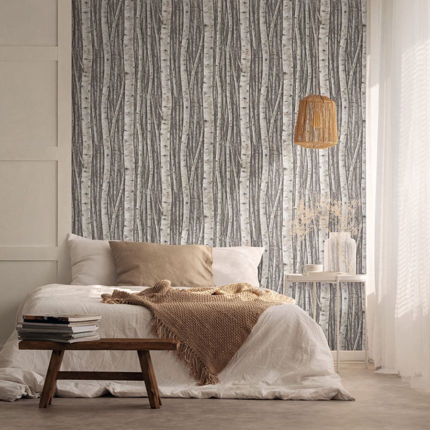 Vliesová tapeta na zeď, šedo-hnědá, stromy, březový háj, 35394, Timber, Marburg