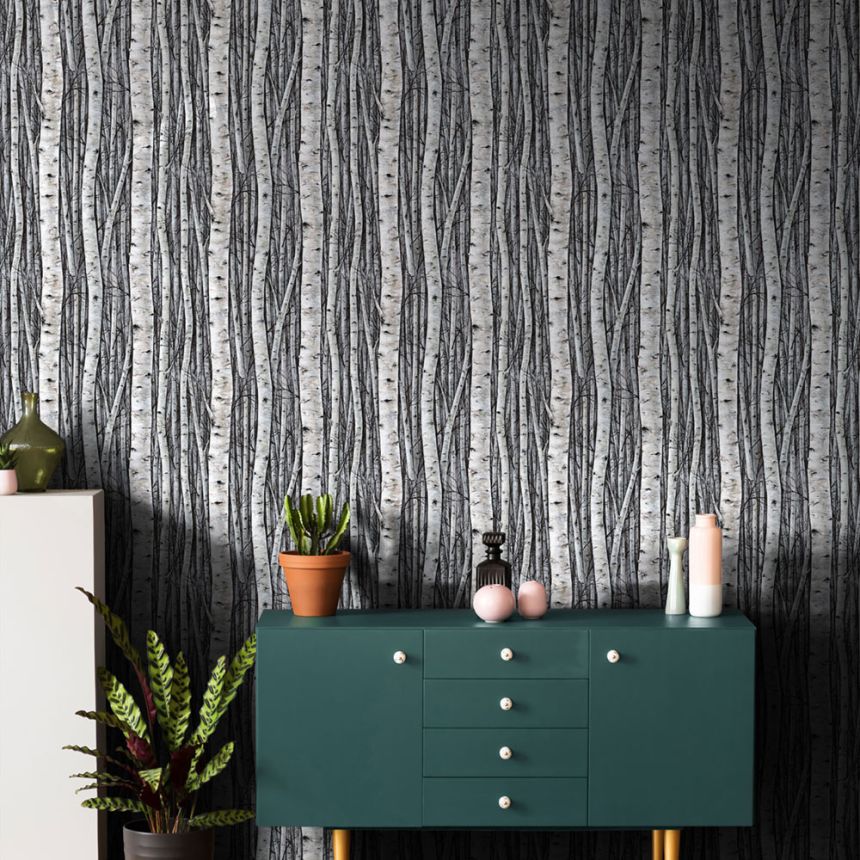 Vliesová tapeta na zeď, šedo-modrá, stromy, březový háj, 35397, Timber, Marburg