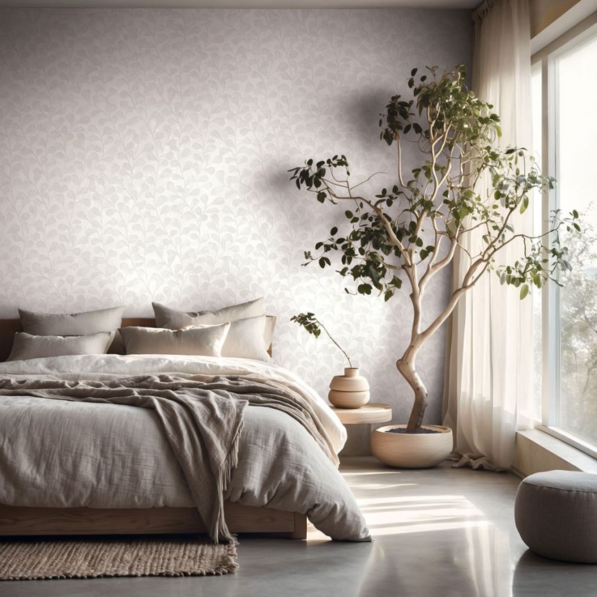 Vliesová tapeta na zeď, bílo-krémová, větvičky, listy, 82501, Naomi, Novamur