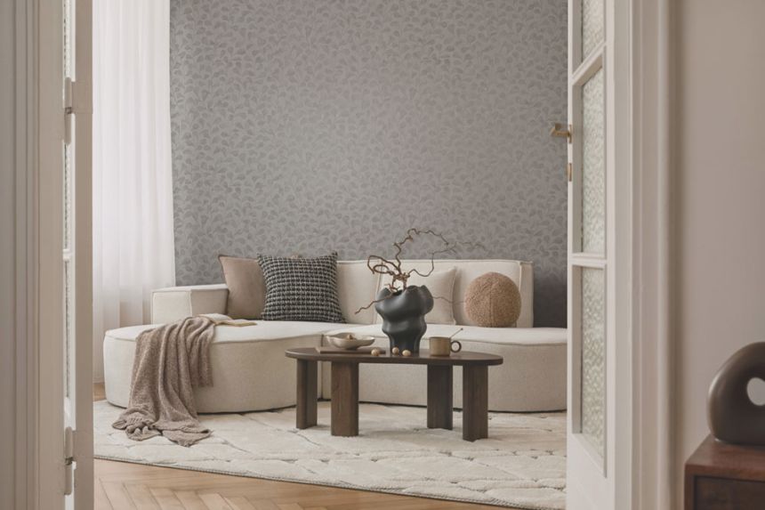 Vliesová tapeta na zeď, šedo-béžová, větvičky, listy, 82502, Naomi, Novamur