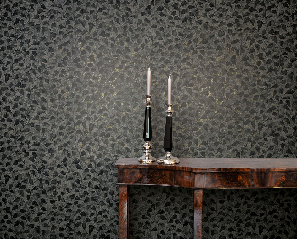 Vliesová tapeta na zeď, černo-zlatá, větvičky, listy, 82503, Naomi, Novamur