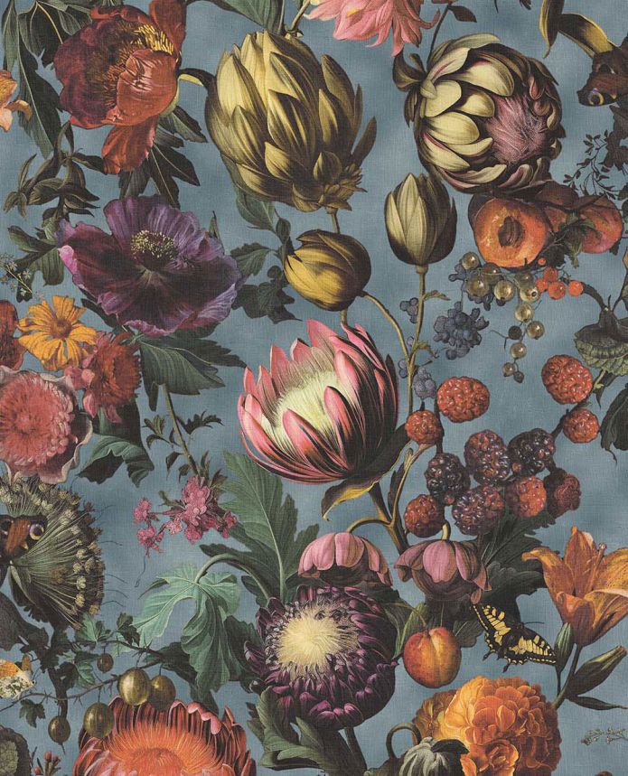 Vliesová tapeta na zeď, modrá, květiny, plody, motýli, 351232, Magnifique, Eijffinger