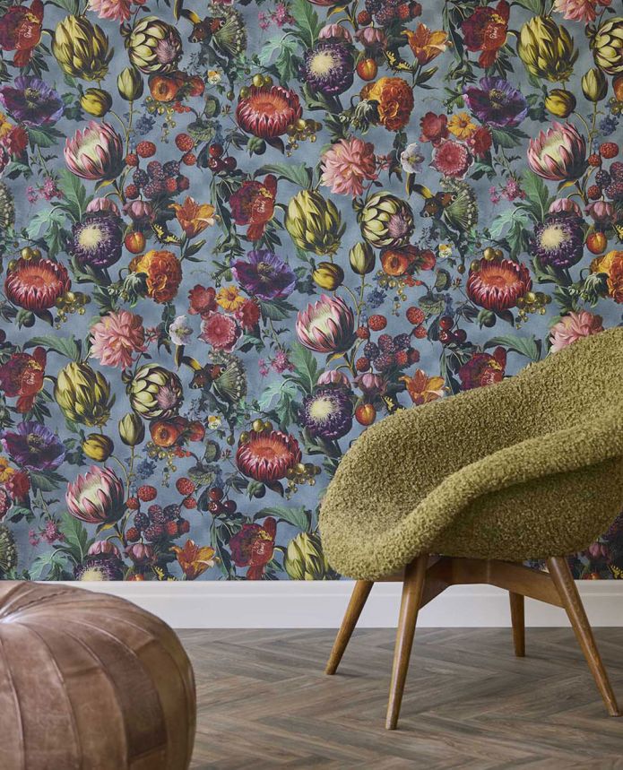 Vliesová tapeta na zeď, modrá, květiny, plody, motýli, 351232, Magnifique, Eijffinger