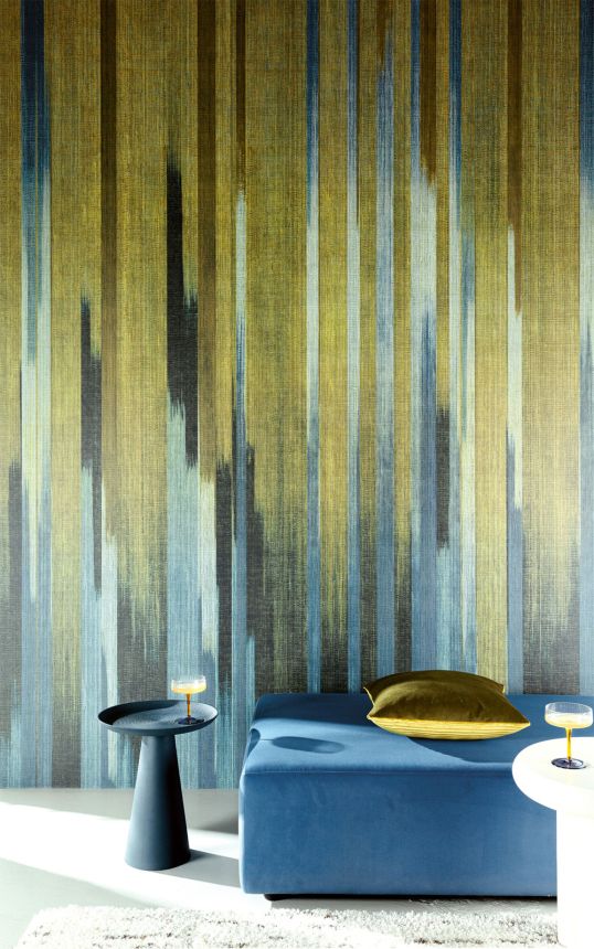 Vliesová obrazová tapeta na zeď, imitace látky, modrá, černá, zelená, pruhy, DGRIC1043-260, Serica, Masureel