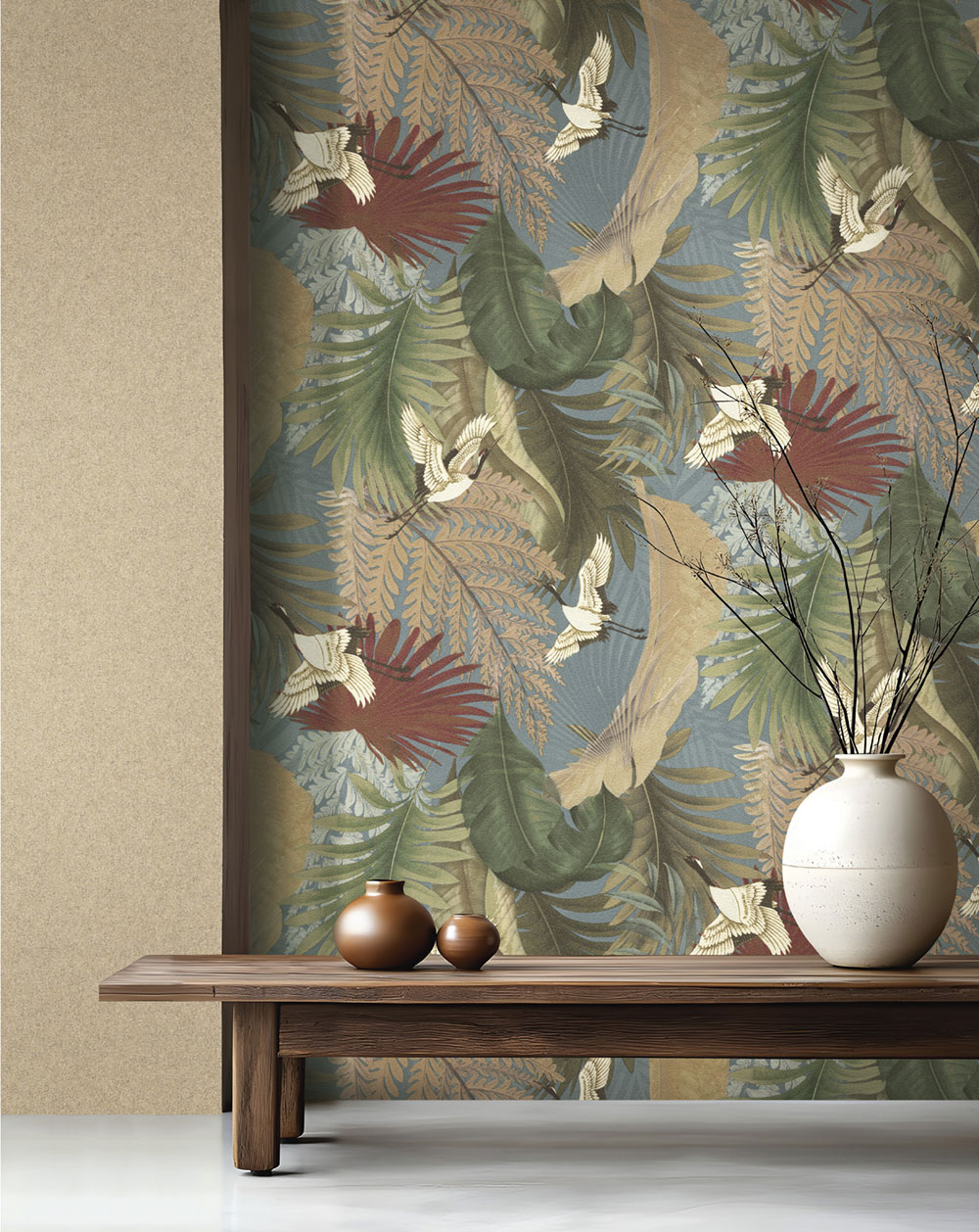 Vliesová tapeta na zeď, listy, jeřábi v letu, 73821, Tendenze, Emiliana Parati