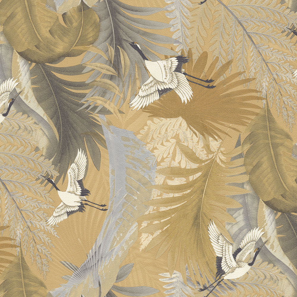 Vliesová tapeta na zeď, zlatá, listy, jeřábi v letu, 73822, Tendenze, Emiliana Parati