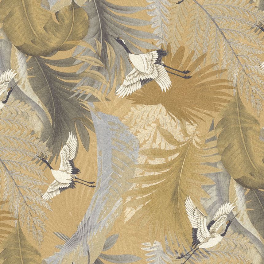 Vliesová tapeta na zeď, zlatá, listy, jeřábi v letu, 73822, Tendenze, Emiliana Parati