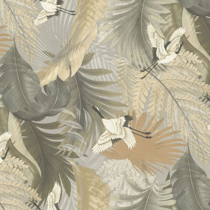 Vliesová tapeta na zeď, šedo-béžová, listy, jeřábi v letu, 73823, Tendenze, Emiliana Parati