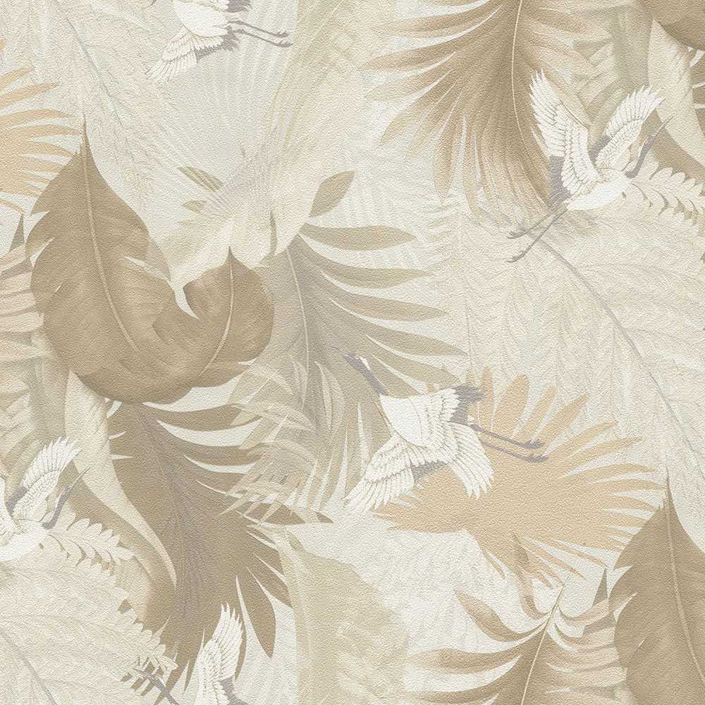 Vliesová tapeta na zeď, krémová, listy, jeřábi v letu, 73824, Tendenze, Emiliana Parati