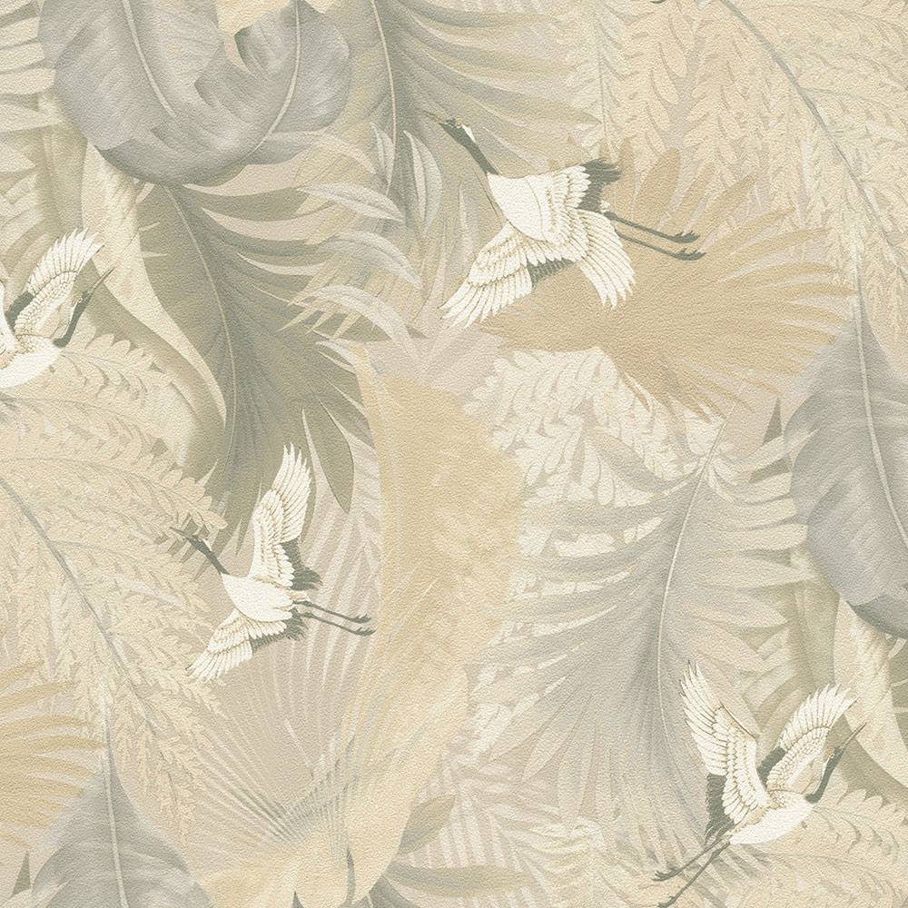 Vliesová tapeta na zeď, béžová, listy, jeřábi v letu, 73825, Tendenze, Emiliana Parati