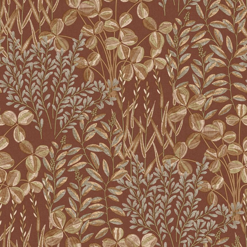 Vliesová tapeta na zeď, hnědo-červená, listy a trávy, A78902, Inia, Grandeco