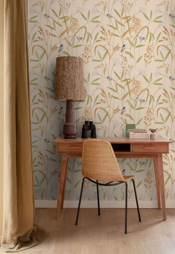 Vliesová tapeta na zeď, béžovo-zelená, luční trávy, ptáčci, A83501, Inia, Grandeco