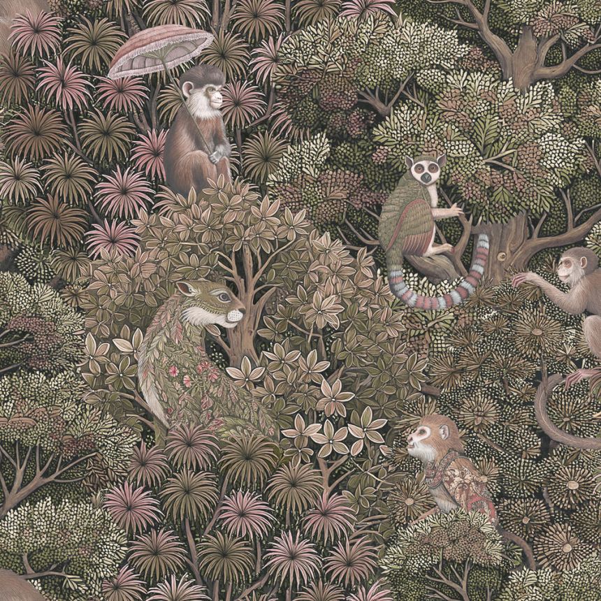 Vliesová tapeta na zeď, růžová, listy, opičky, 142312, Jaipur, Graham Brown Premium