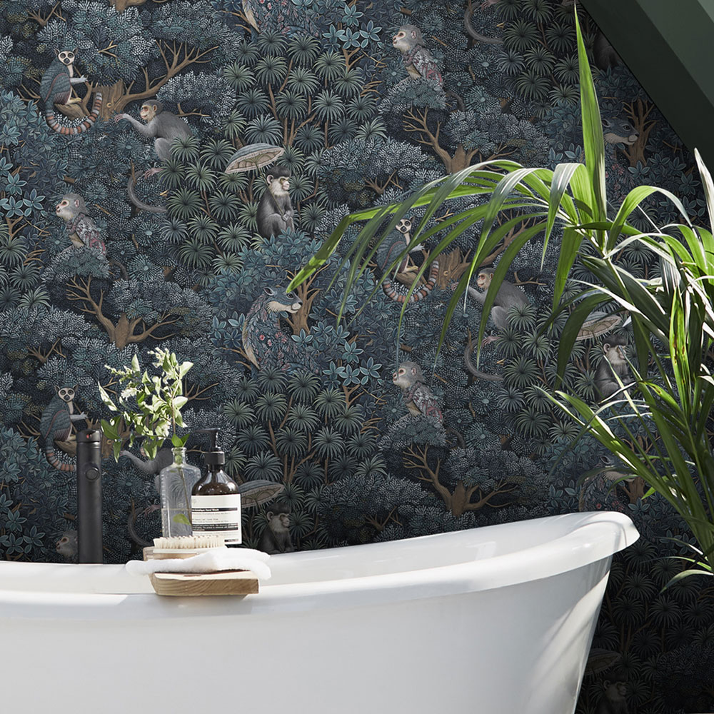 Vliesová tapeta na zeď, modrá, listy, opičky, 142313, Jaipur, Graham Brown Premium