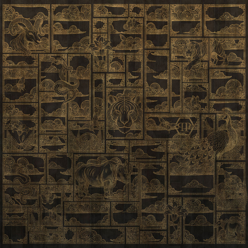 Vliesová obrazová tapeta na zeď, černá, zlatá, tygr, obrázky, Z81064, 3x3m, Philipp Plein 2, Zambaiti Parati