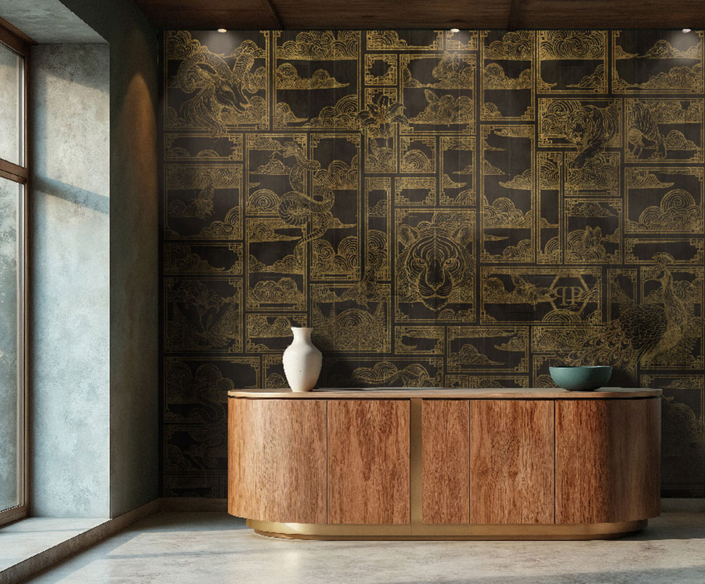 Vliesová obrazová tapeta na zeď, černá, zlatá, tygr, obrázky, Z81064, 3x3m, Philipp Plein 2, Zambaiti Parati