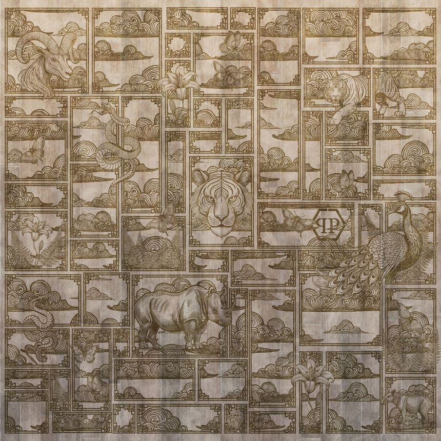 Vliesová obrazová tapeta na zeď, béžová, hnědá, tygr, obrázky, Z81065, 3x3m, Philipp Plein 2, Zambaiti Parati