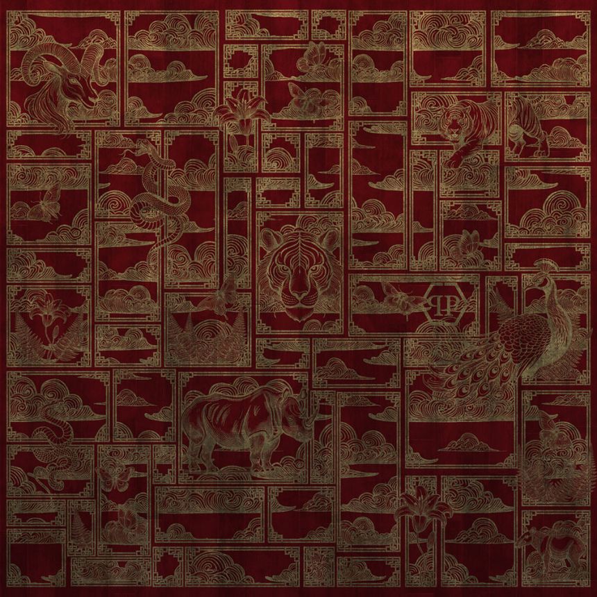 Vliesová obrazová tapeta na zeď, červená, zlatá, tygr, obrázky, Z81066, 3x3m, Philipp Plein 2, Zambaiti Parati