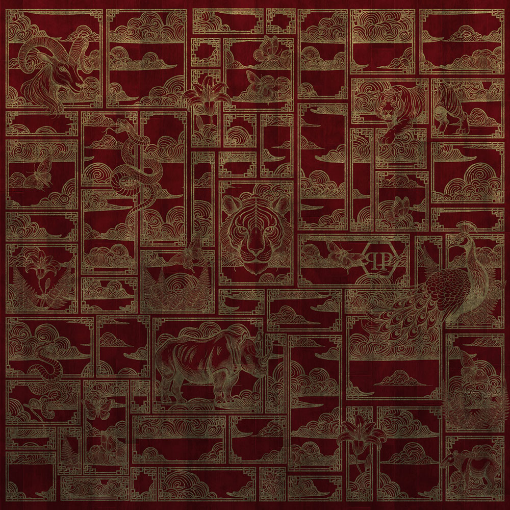 Vliesová obrazová tapeta na zeď, červená, zlatá, tygr, obrázky, Z81066, 3x3m, Philipp Plein 2, Zambaiti Parati