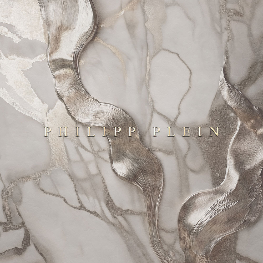 Vliesová obrazová tapeta na zeď, šedá, stříbrná, mramor, nápis, Z81071, 3x3m, Philipp Plein 2, Zambaiti Parati