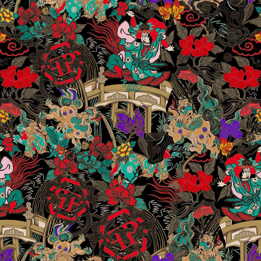 Vliesová obrazová tapeta na zeď, černá, červená, postavy, květiny, Z81079, 2x3m, Philipp Plein 2, Zambaiti Parati