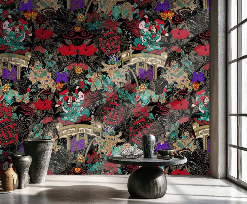 Vliesová obrazová tapeta na zeď, černá, červená, postavy, květiny, Z81079, 2x3m, Philipp Plein 2, Zambaiti Parati