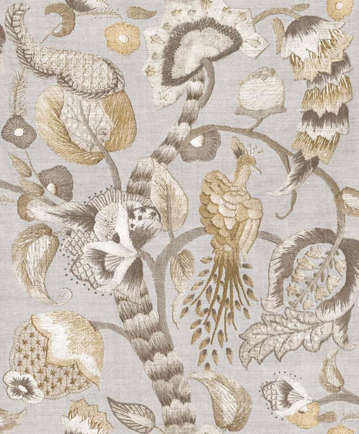 Vliesová tapeta na zeď, šedá, béžová, kvetoucí větvičky, ptáci, 5801, Jaipur, Parato by Cristiana Masi