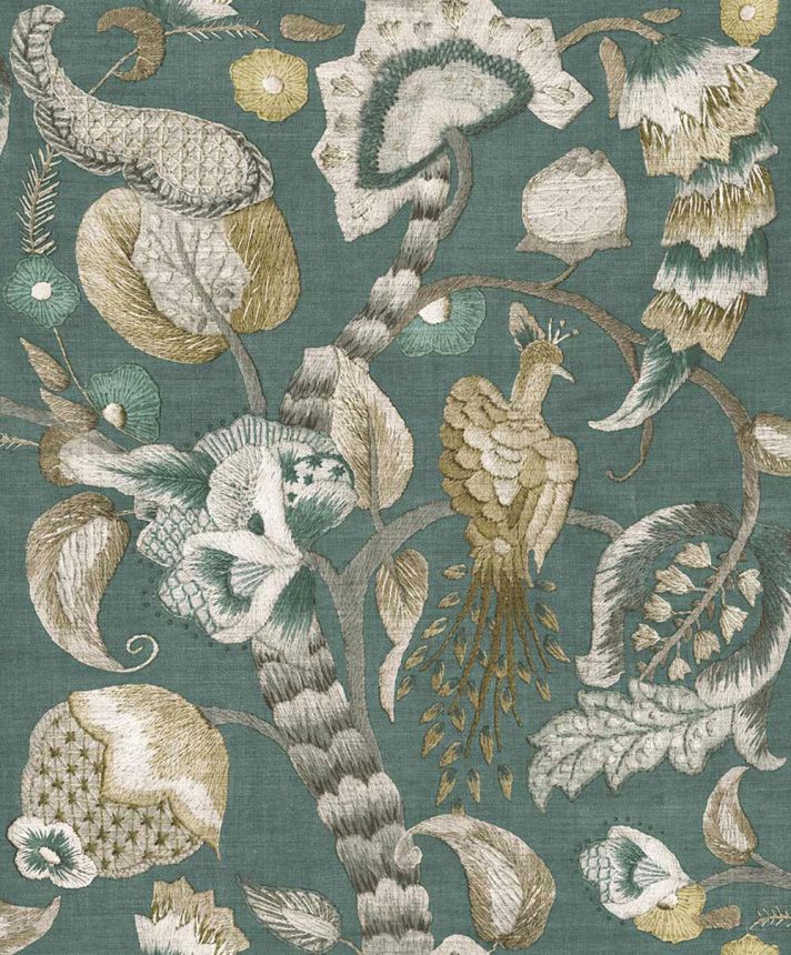 Vliesová tapeta na zeď, zelená, šedá, kvetoucí větvičky, ptáci, 5806, Jaipur, Parato by Cristiana Masi